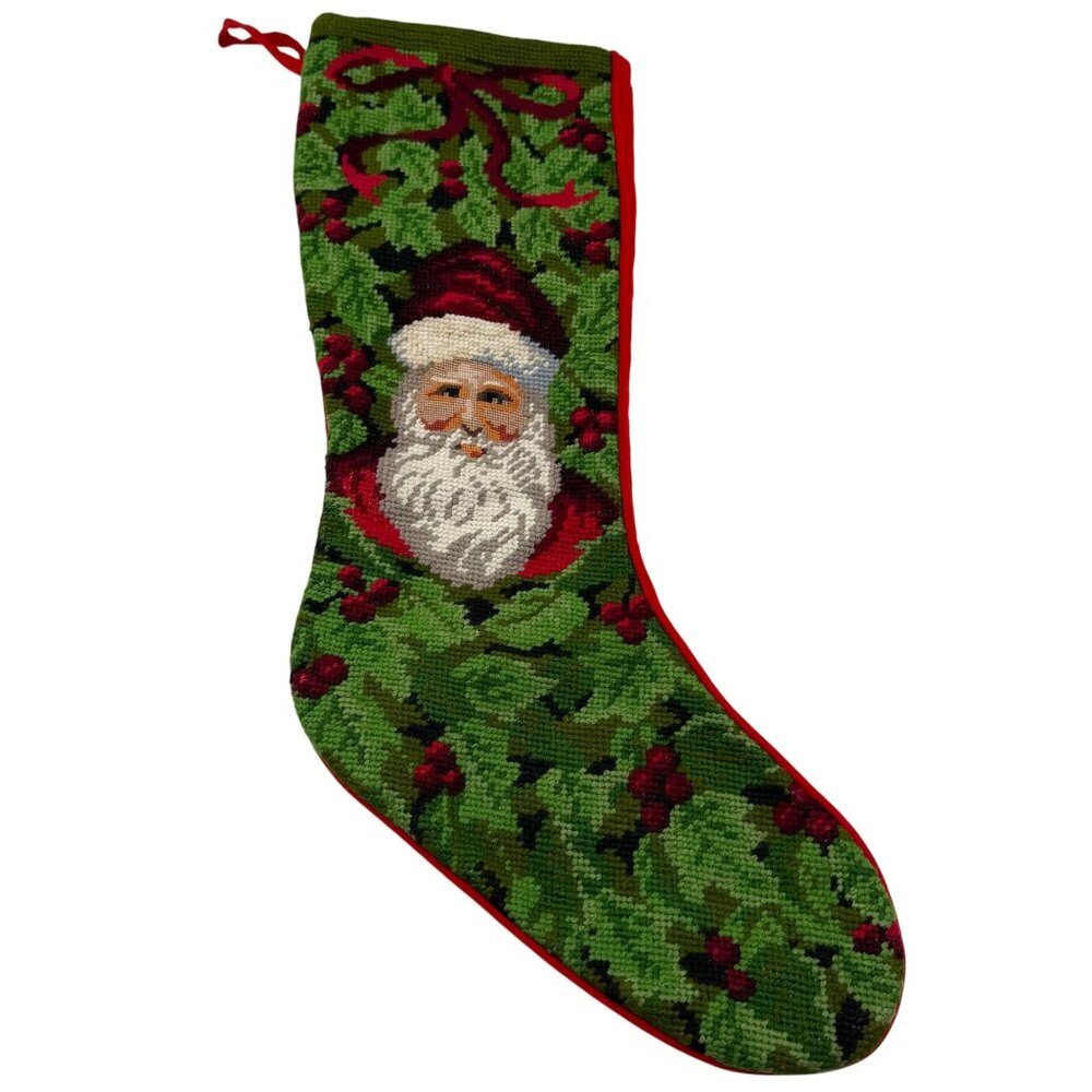 Vintage needlepoint wool Christmas stocking Santa Claus holly‎ berries green red